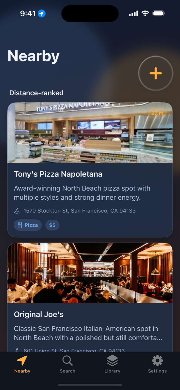Go Later showing distance-ranked saved restaurants nearby